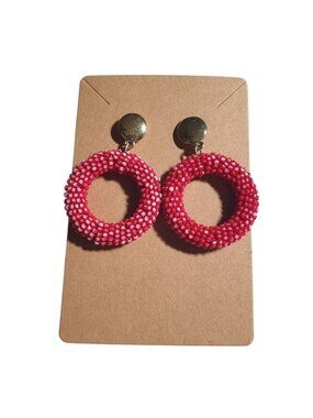 Beaded Loop Dangle Earrings Red White Handmade Gold Posts Lightweight Jewelry